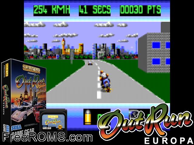 OutRun Europa Game Gear game showing 3D box cover and gameplay screenshot